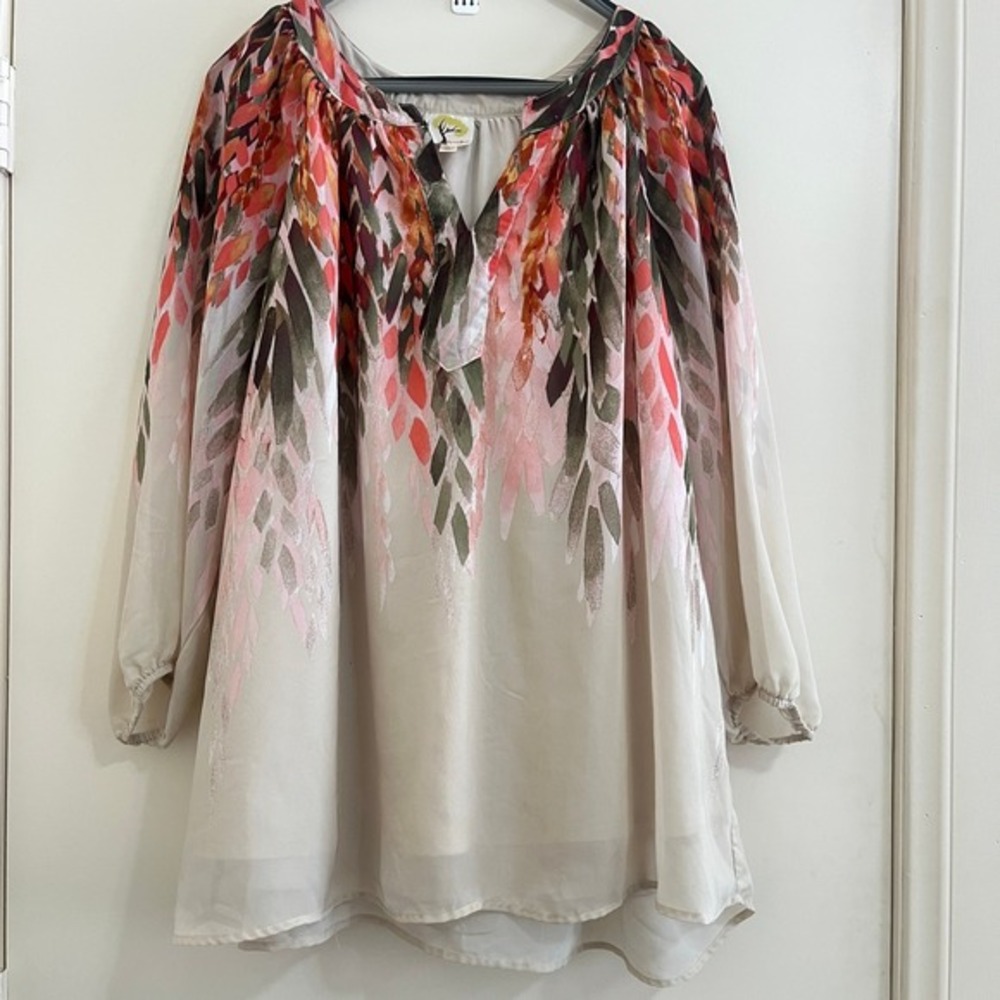 Fig & Flower Boho Sheer Overlay Floral Peasant Top 3X Plus Flowy Modest‎ Resort